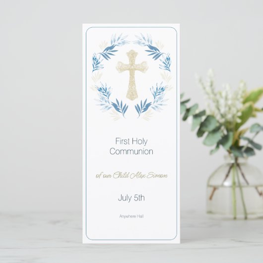 Elegant Blue Gold First Heilige Communie Menu (Staand voorkant)