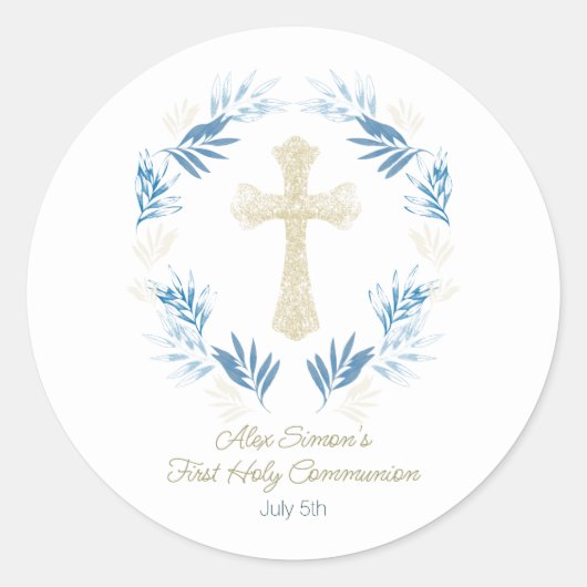 Elegant Blue Gold First Heilige Communie Ronde Sticker (Voorkant)