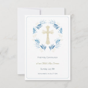 Elegant Blue Gold First Heilige Communie RSVP Kaartje