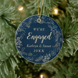 Elegant Blue Gold First Kerstmis Foto Keramisch Ornament