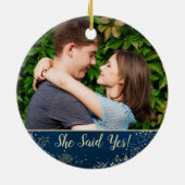 Elegant Blue Gold First Kerstmis Foto Keramisch Ornament (Achterkant)