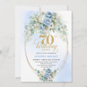 Elegant Blue Gold Floral 70th Birthday Invitation  Kaart (Voorkant)