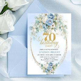 Elegant Blue Gold Floral 70th Birthday Invitation  Kaart