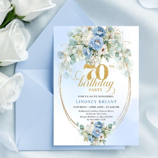 Elegant Blue Gold Floral 70th Birthday Invitation  Kaart