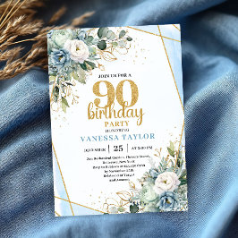Elegant Blue Gold Floral 90th Birthday Party Card Kaart