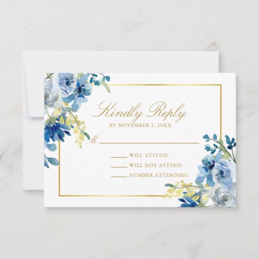 Elegant Blue Gold Floral beantwoordt het huwelijk RSVP Kaartje (Voorkant)