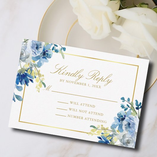 Elegant Blue Gold Floral beantwoordt het huwelijk RSVP Kaartje