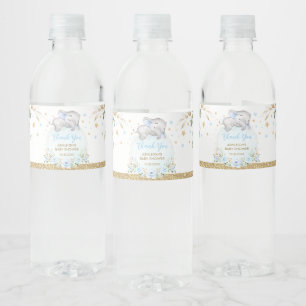 Elegant Blue Gold Floral Boy Elephant Shower Waterfles Etiket