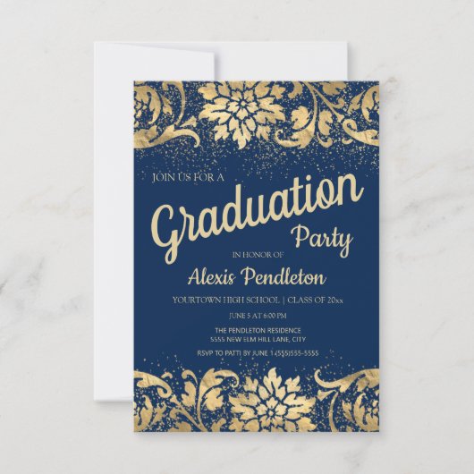 Elegant Blue Gold Floral Glitter Graduparty Kaart (Voorkant)