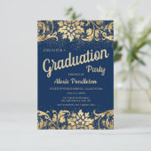 Elegant Blue Gold Floral Glitter Graduparty Kaart (Staand voorkant)