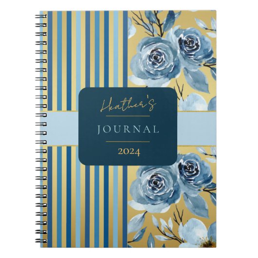 Elegant Blue Gold Floral Stripe Journal Notitieboe Notitieboek (Voorkant)