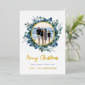 Elegant Blue Gold Floral Wreater Kerstmis Folie Feestdagenkaart (Staand Voorkant)