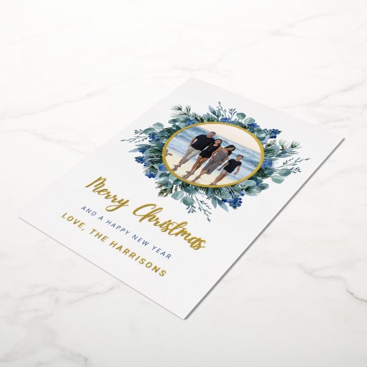 Elegant Blue Gold Floral Wreater Kerstmis Folie Feestdagenkaart (Gedraaid)