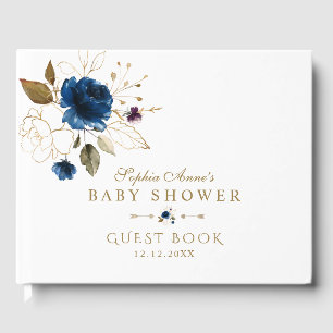 Elegant Blue Gold Flowers Baby shower Gastenboek