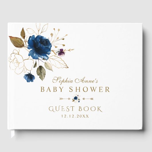 Elegant Blue Gold Flowers Baby shower Gastenboek (Voorkant)
