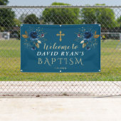Elegant Blue Gold Flowers Baptism Welcome Sign Spandoek (Insitu)