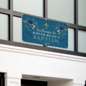 Elegant Blue Gold Flowers Baptism Welcome Sign Spandoek (Buitenkant Gebouw)
