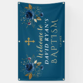 Elegant Blue Gold Flowers Baptism Welcome Sign Spandoek (Verticaal)
