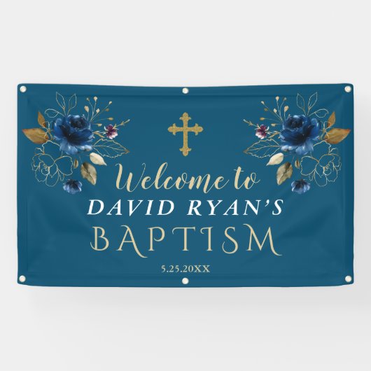 Elegant Blue Gold Flowers Baptism Welcome Sign Spandoek (Horizontaal)