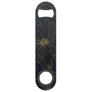Elegant Blue Gold Flowers Line Art Speed Flessenopener