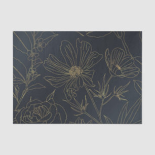 Elegant Blue Gold Flowers Line Art Tissuepapier