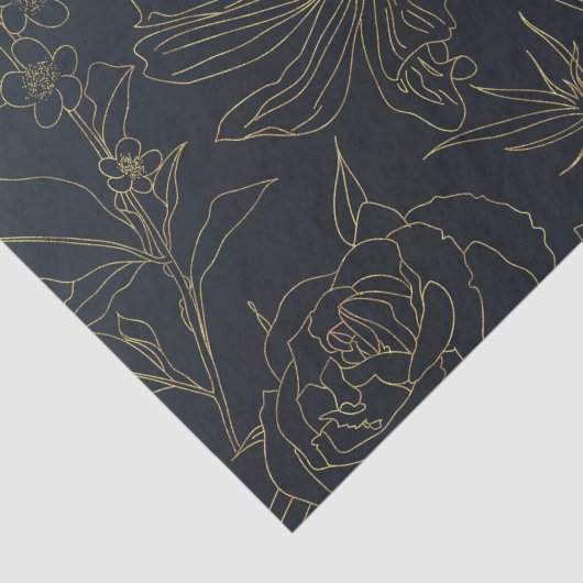 Elegant Blue Gold Flowers Line Art Tissuepapier (Detail)