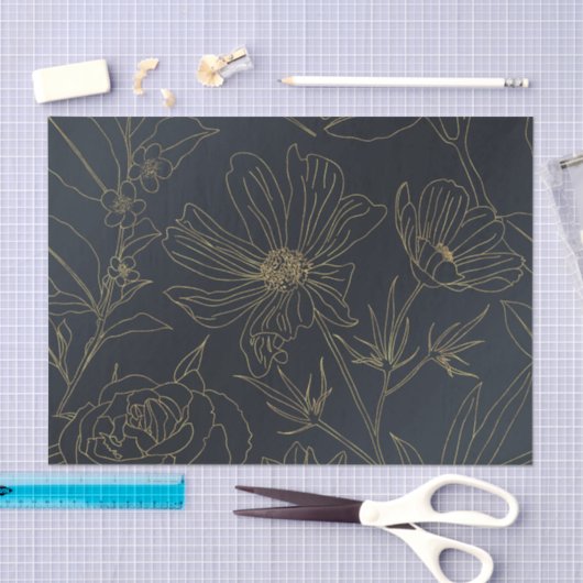 Elegant Blue Gold Flowers Line Art Tissuepapier (Craft)