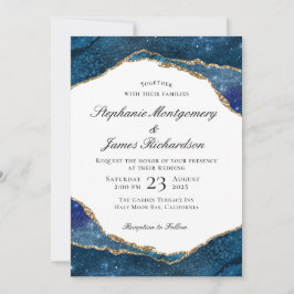 Elegant Blue Gold Foil Agate Waterverf Weddenschap Kaart