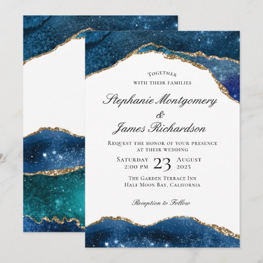 Elegant Blue Gold Foil Agate Wedding Kaart (Voorkant / Achterkant)