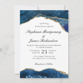 Elegant Blue Gold Foil Agate Wedding Kaart