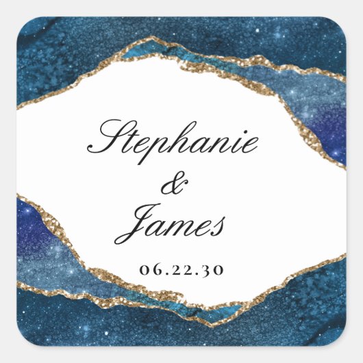 Elegant Blue Gold Foil Agate Wedding Vierkante Sticker (Voorkant)
