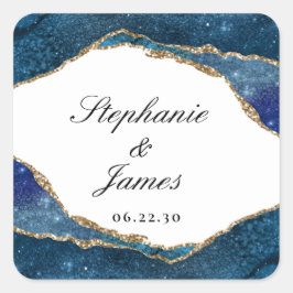 Elegant Blue Gold Foil Agate Wedding Vierkante Sticker