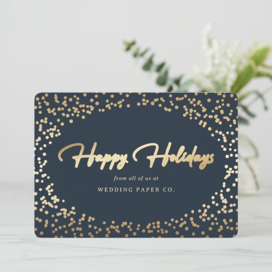 Elegant Blue Gold Foil Hand Lettered Business Feestdagenkaart (Staand voorkant)