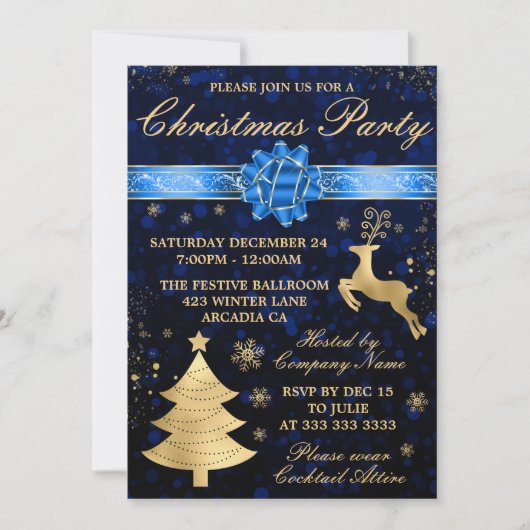 Elegant Blue & Gold Foil Ribbon kerstparty Kaart (Voorkant)