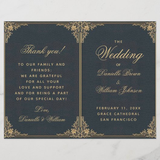 Elegant Blue Gold  Folded Wedding Program (Voorkant)