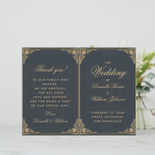 Elegant Blue Gold  Folded Wedding Program (Staand voorkant)
