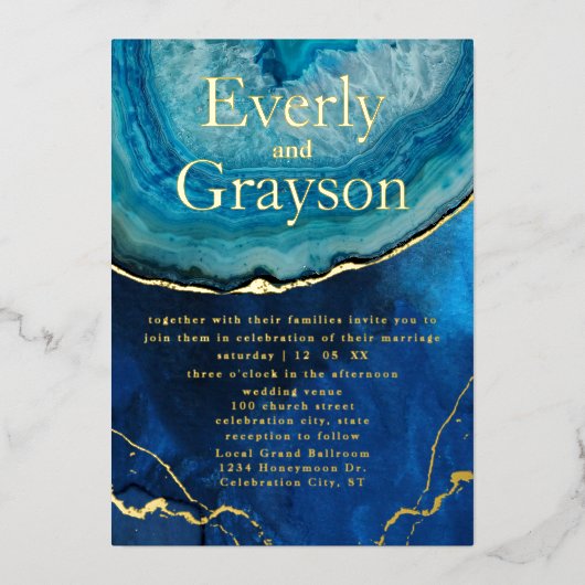 Elegant Blue & Gold Galaxy Agate Wedding Folie Uitnodiging (Voorkant)