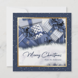 Elegant Blue Gold Gifts Snow Christmas Cards Feestdagenkaart