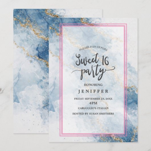 Elegant Blue Gold Glitter Abstract Flow Kaart (Voorkant / Achterkant)