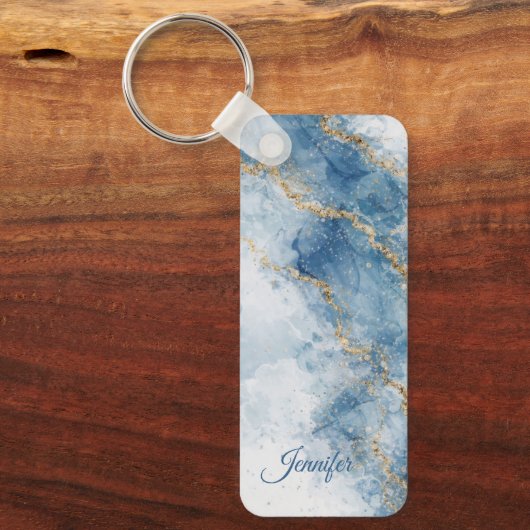 Elegant Blue Gold Glitter Abstract Flow            Sleutelhanger (Voorkant)