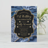 Elegant Blue & Gold Glitter Agate 21st Birthday Kaart (Staand voorkant)