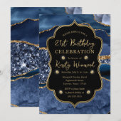 Elegant Blue & Gold Glitter Agate 21st Birthday Kaart (Voorkant / Achterkant)