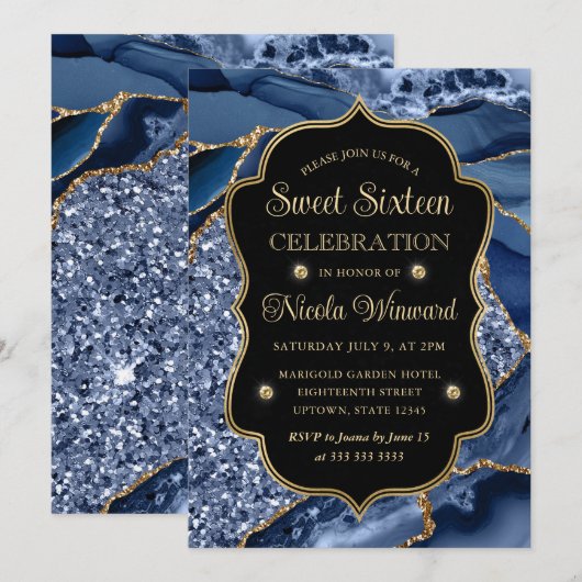 Elegant Blue & Gold Glitter Agate Sweet Sixteen Kaart (Voorkant / Achterkant)