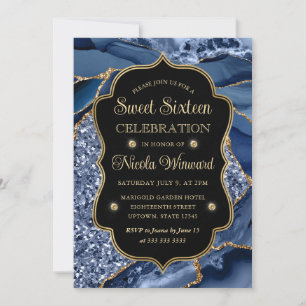 Elegant Blue & Gold Glitter Agate Sweet Sixteen Kaart