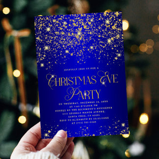 Elegant Blue Gold Glitter Christmas Eve Party Kaart
