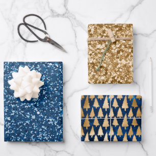 Elegant Blue Gold Glitter-kerstbomen Inpakpapier Vel