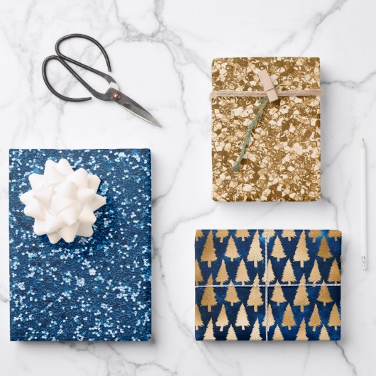 Elegant Blue Gold Glitter-kerstbomen Inpakpapier Vel (Voorkant)
