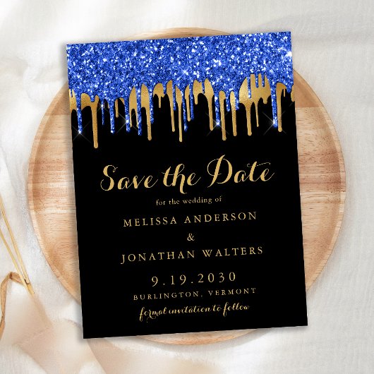 Elegant Blue Gold Glitter-schijven bespaart de dat Briefkaart