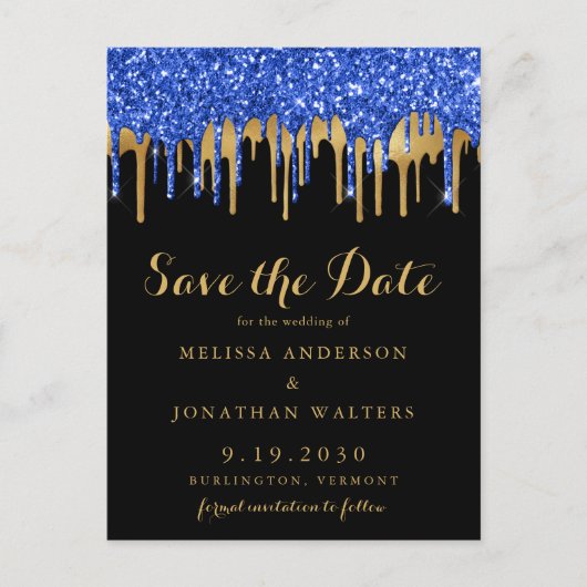 Elegant Blue Gold Glitter-schijven bespaart de dat Uitnodiging Briefkaart (Voorkant)