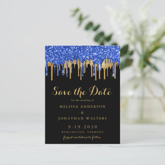 Elegant Blue Gold Glitter-schijven bespaart de dat Uitnodiging Briefkaart (Staand voorkant)